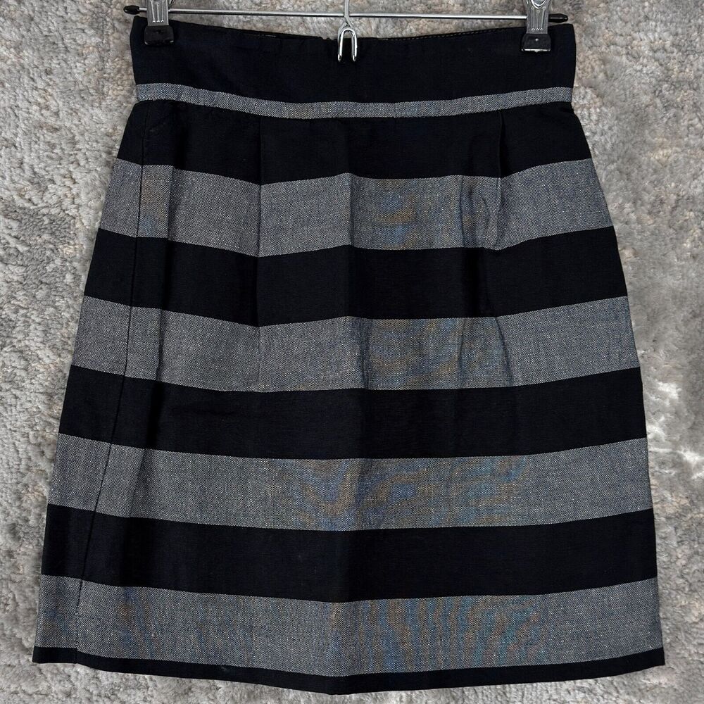 French Connection Size 2 Linen‎ Blend Striped Mini A Line Skirt Black Gray Zip
